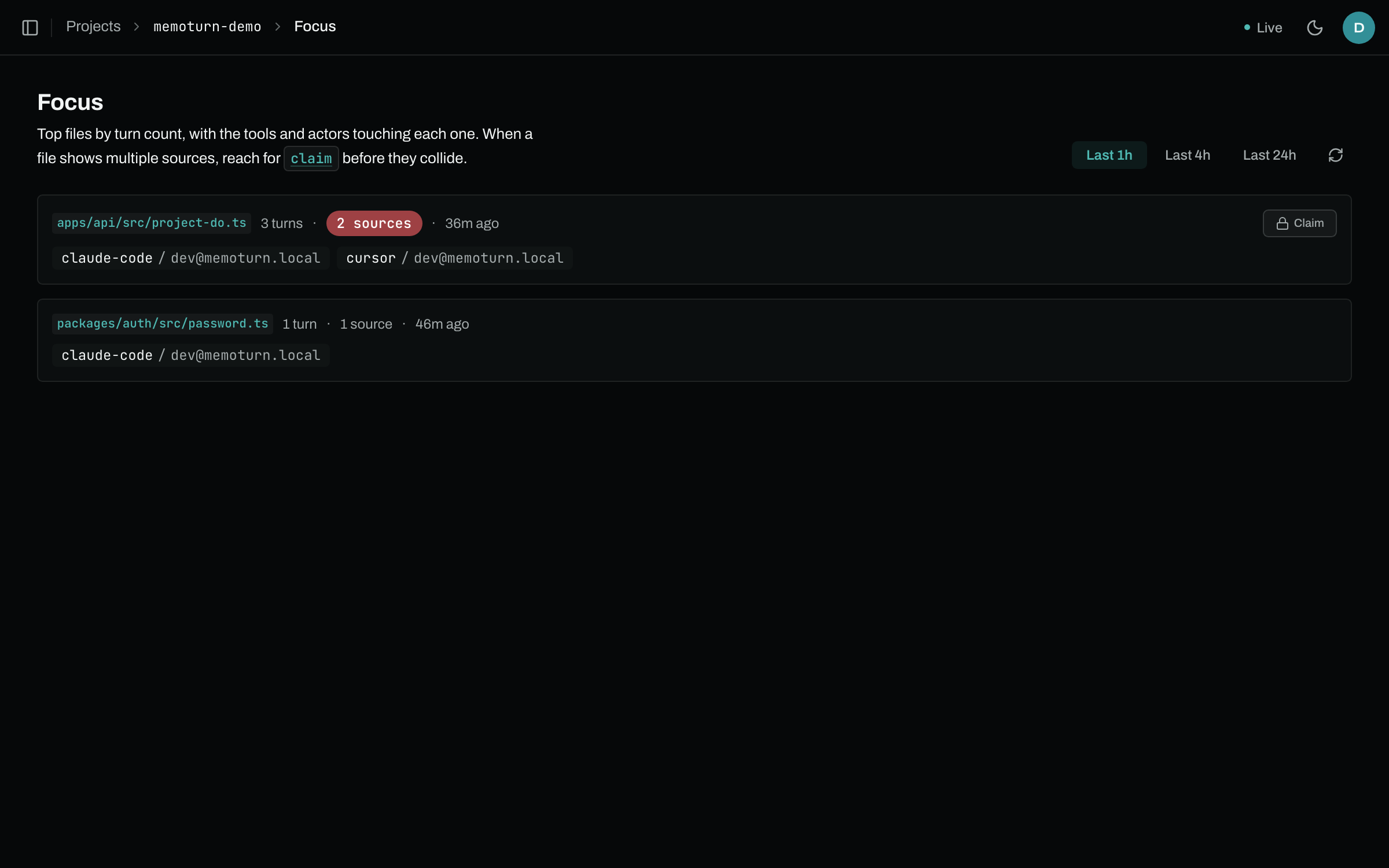 The Focus surface in the Memoturn dashboard: apps/api/src/project-do.ts flagged at three turns from two sources — claude-code and cursor both on the same file — with a Claim action beside it.