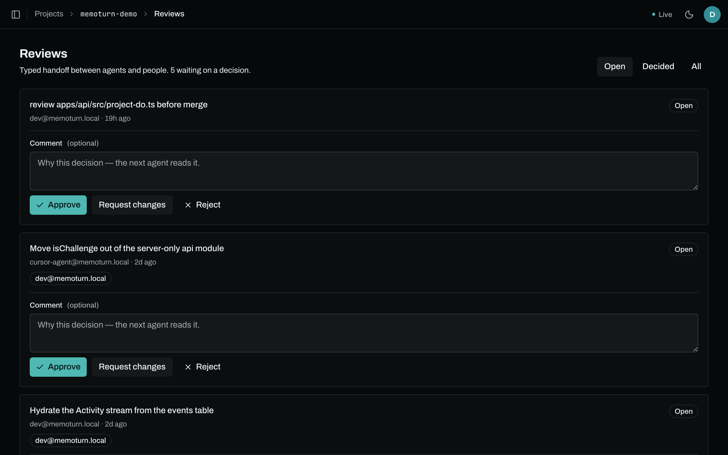 The Reviews surface in the Memoturn dashboard: five open handoff requests from different agents, each with a comment box and approve, request-changes, and reject actions.